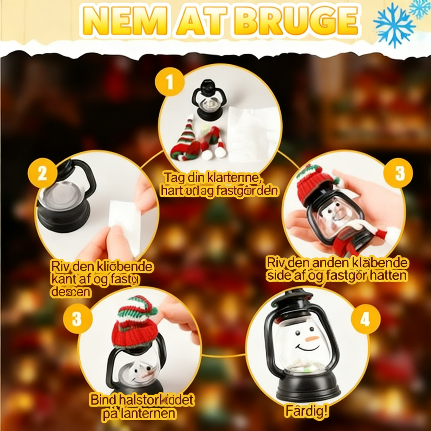 Mini snemandslanterne med huer og tørklæder