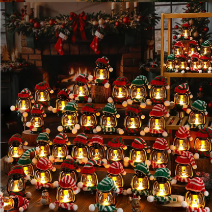 Mini snemandslanterne med huer og tørklæder