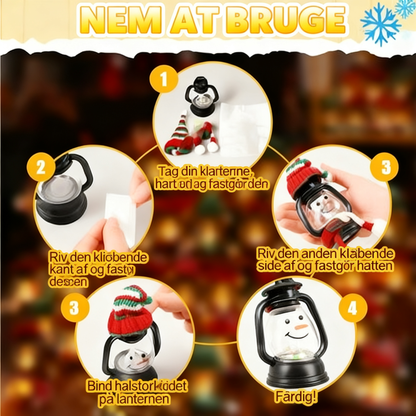 Mini snemandslanterne med huer og tørklæder